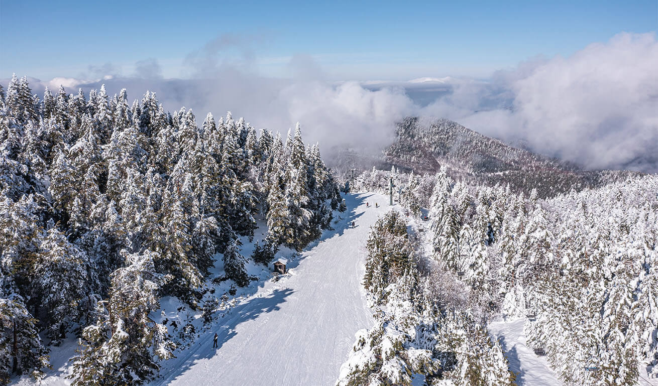 Snowy mountain landscape with forest and ski track. Clear sky with few low clouds.