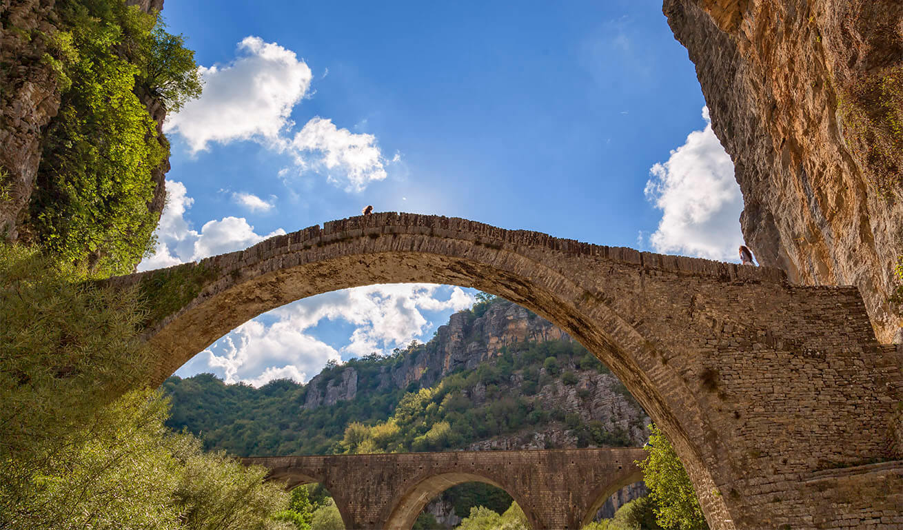 Continuous arched bridges. A man walks through the first. Steep rocks and many trees on the slopes. Blue sky with few clouds.