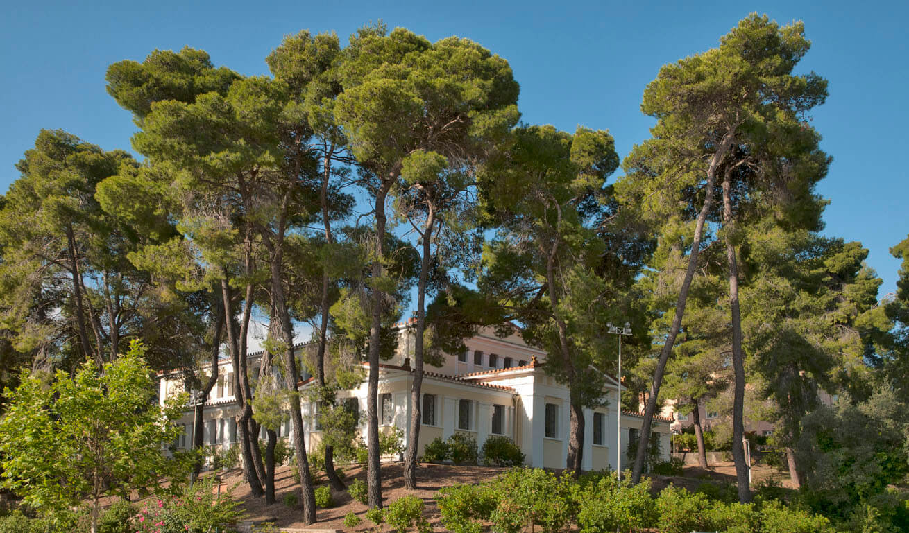Ancient Olympia Museum surrounded by tall pine trees