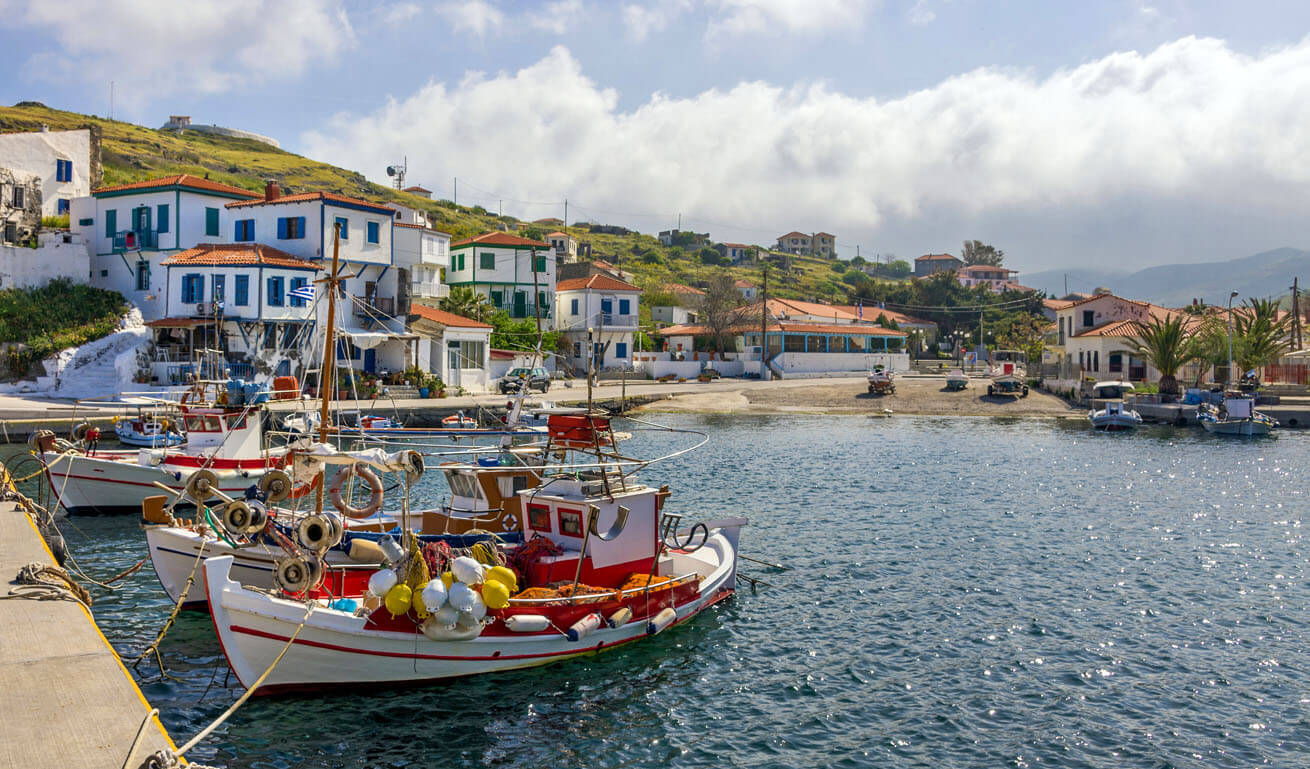 Small port with fishing boats and traditional houses