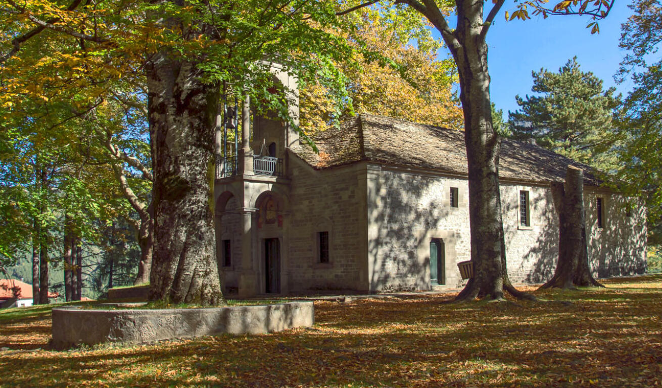 Stone-built church of the village among green trees