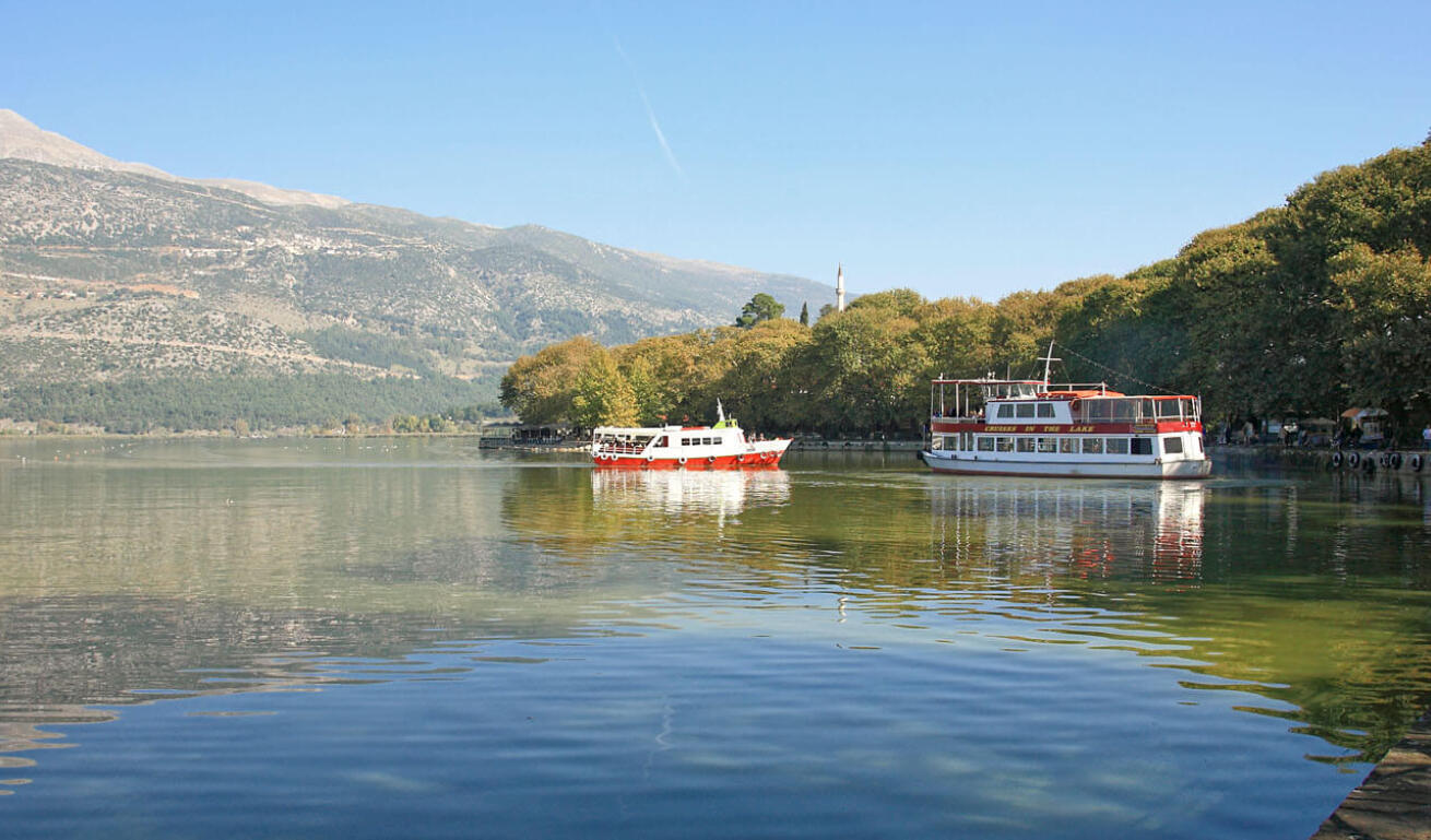 View of the lake of the town with many trees and various boats