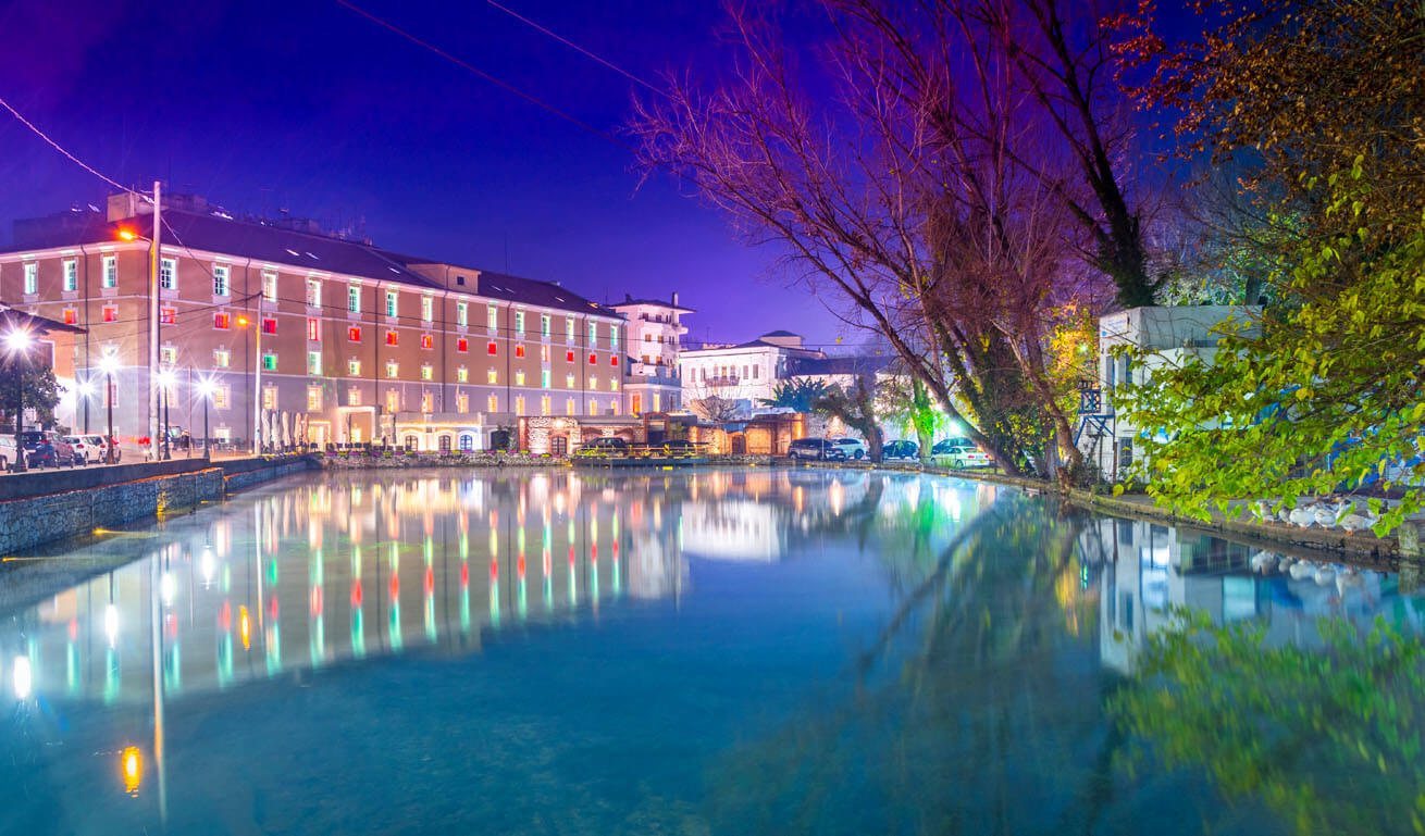 The illuminated town of Drama at night