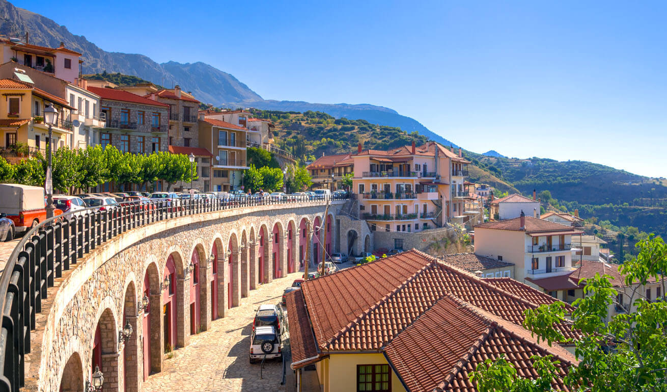 View of the central road of Arachova, with many traditional houses