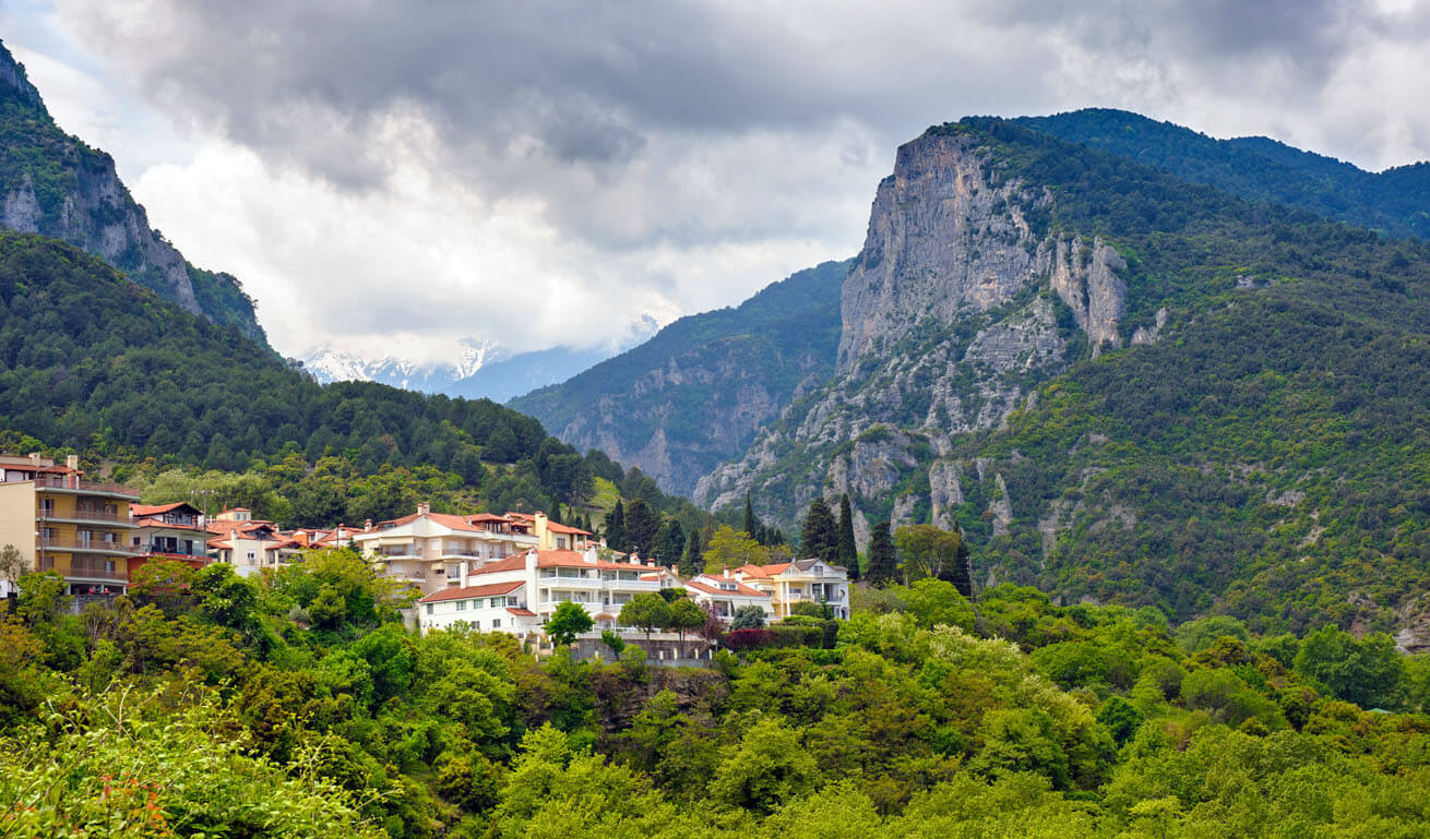 Άποψη του χωριού από ψηλά με τα παραδοσιακά σπίτια που περιβάλλονται από πράσινα δένδρα