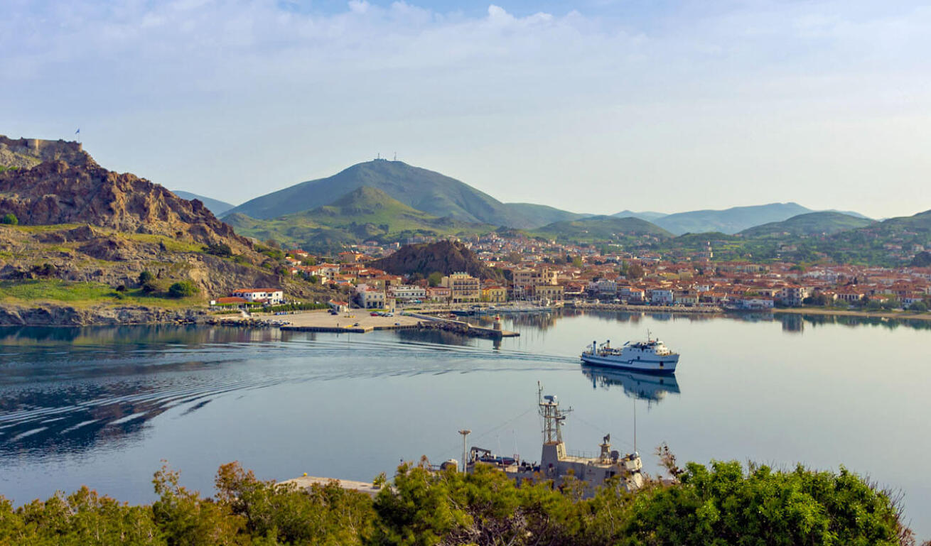 Limnos port with the traditional houses in the background