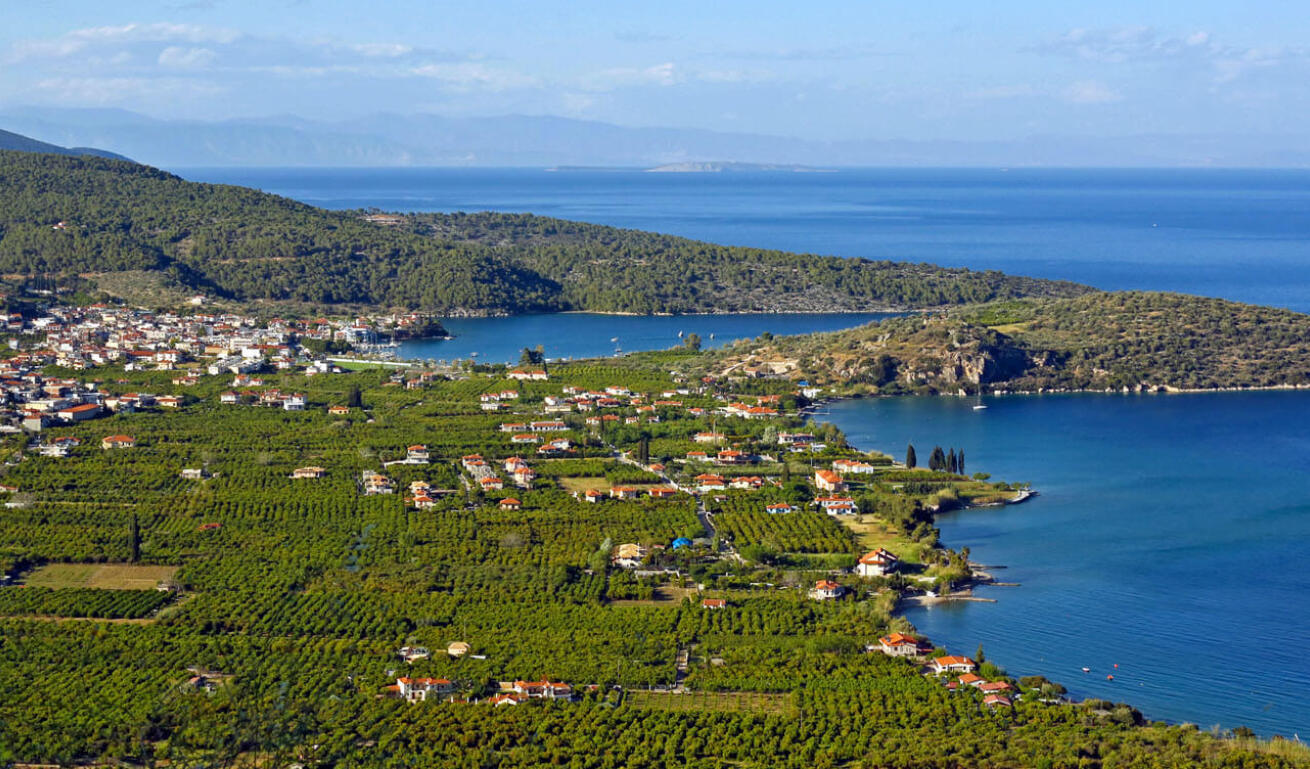 View of Epidaurus from above, with the port and the traditional houses