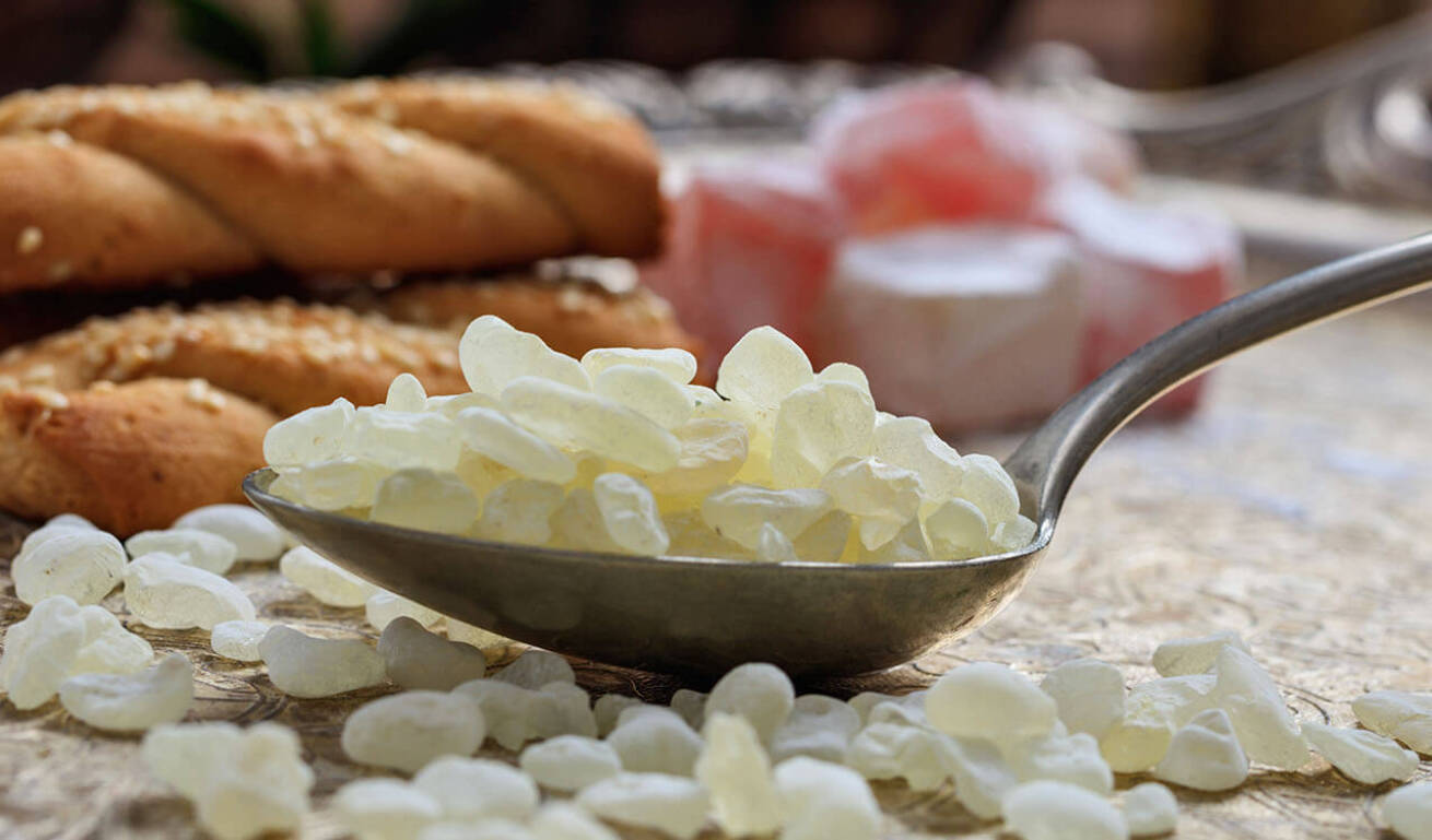 Chios Mastic. A natural, aromatic resin in teardrop shape produced from the mastic tree. It is cultivated exclusively in the southern part of the island of Chios