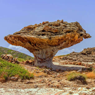 Mushroom-shaped rock in a rocky landscape with low green vegetation. 