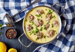 A dish with greek meatball soup called giouvarlakia