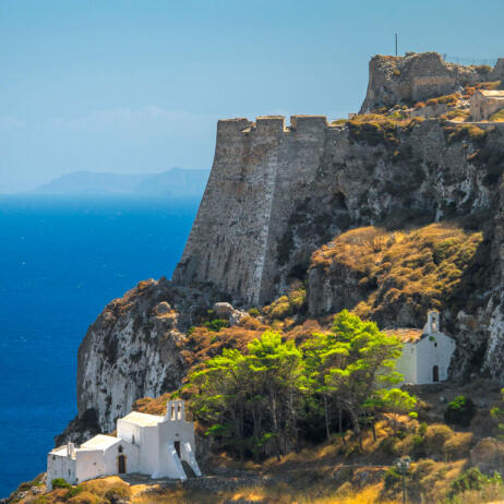 View of the Castle of Kythira from above, with two tiny chapels bult on the rocks