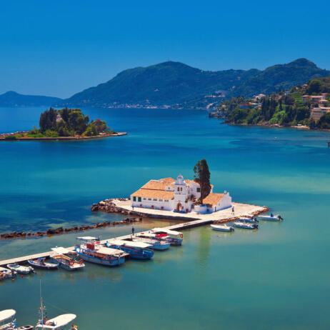 View of Kerkyra from above, with Pontikonisi on the background and the picturesque chapel
