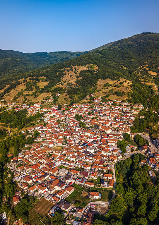 Aerial view of village with red roofed buildings on mountainside surrounded by trees and mountainous terrain.