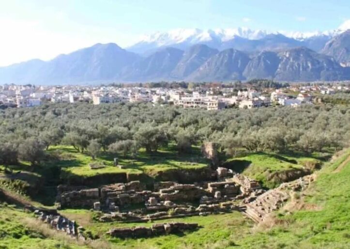 A beautiful setting of the ruins of ancient Sparta with Taygetos Mountains in the distance.