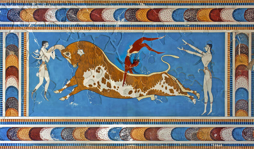 An ancient painting depicting a bull alongside two men. A third man is jumping over the bull.