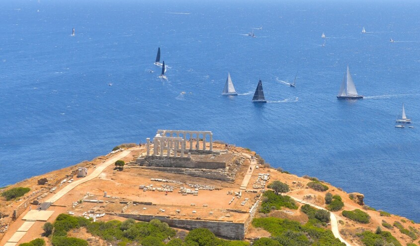 Cape Sounio with sailing boats on the background