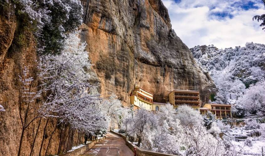 Mega Spileo monastery and a backdrop of the clifs 