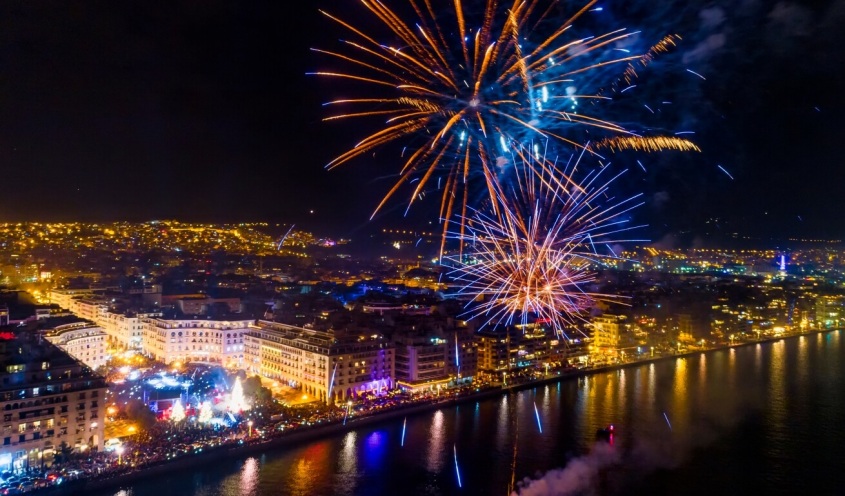 Fireworks at the port of Thessaloniki, panoramic view